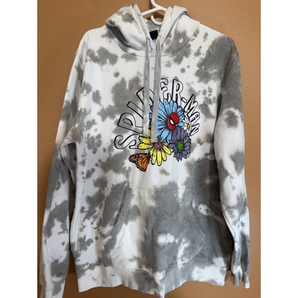 Neff Marvel‎ Spider-Man Tie Dye Hoodie Grey White Floral Butterfly Mens Large